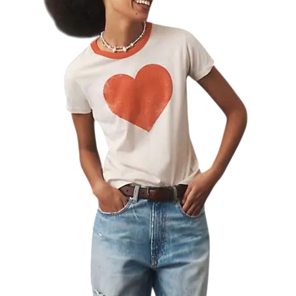 Letluv for Anthropologie Heart Ringer Tee Ivory Red Made in USA Cotton Shirt M